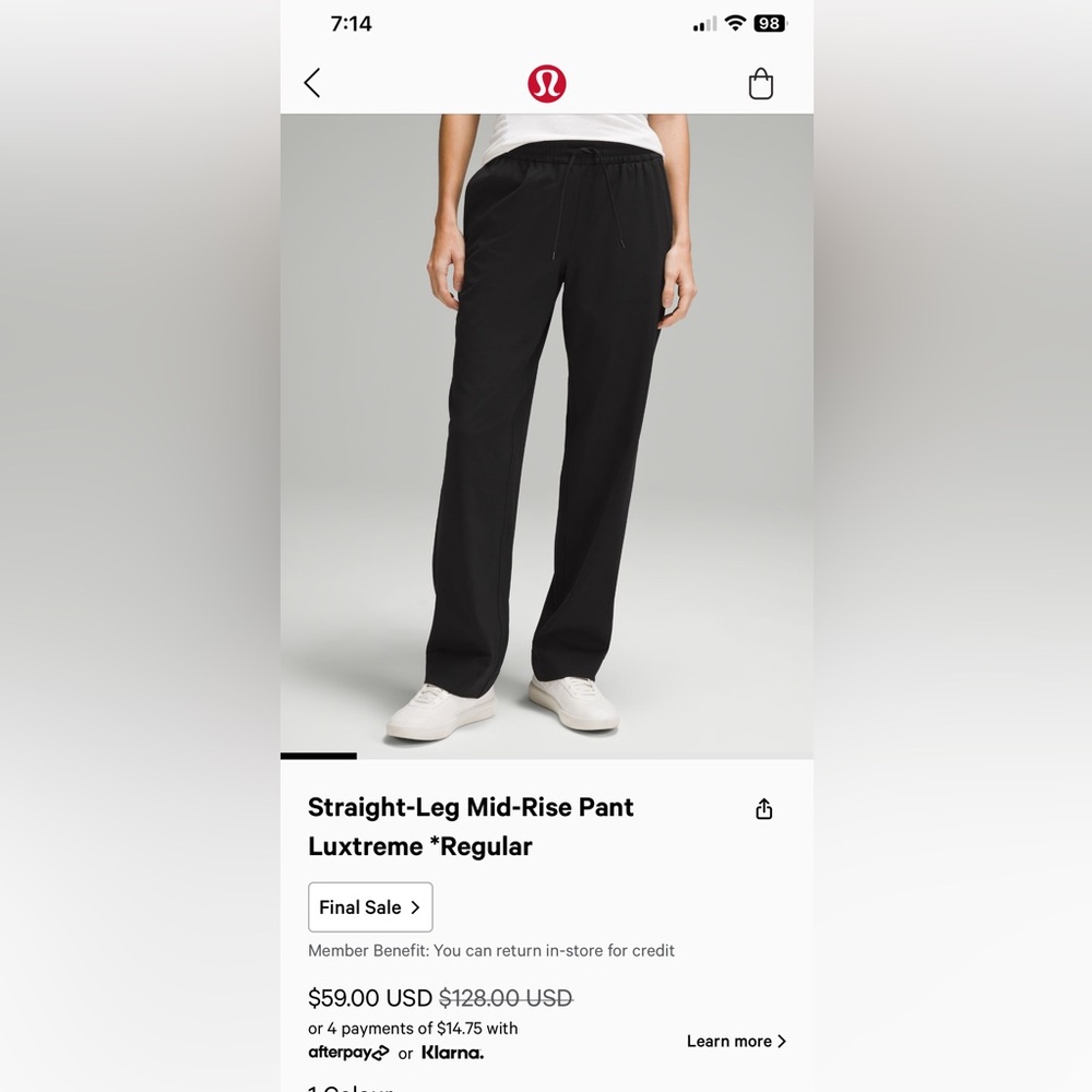 Lululemon Straight-Leg Mid-Rise full length, Luxtreme, med